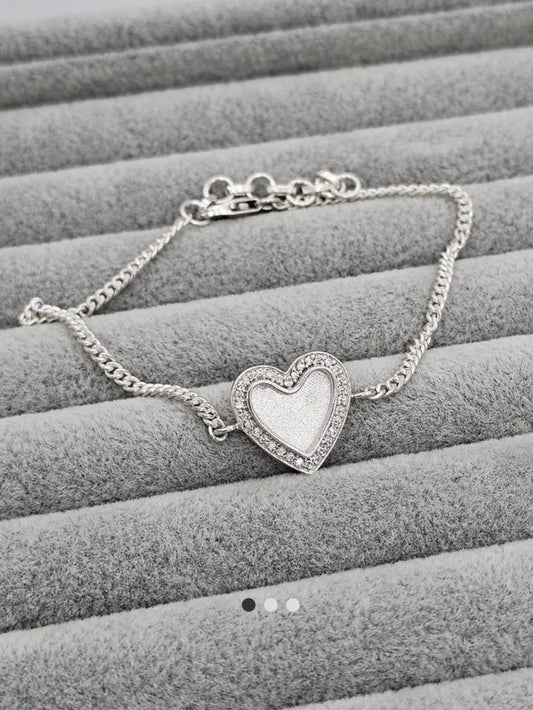 Heart cz 925 silver adjustable curb chain bracelet