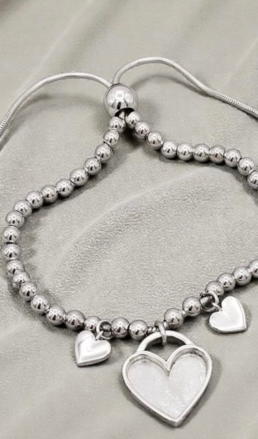 Triple heart adjustable 825 silver beaded bracelet