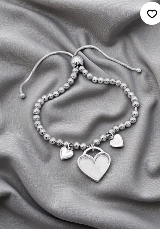 Triple heart adjustable 825 silver beaded bracelet