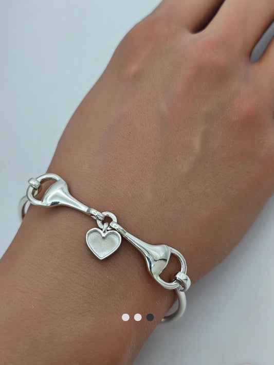 Horse snaffle bit dangle heart 925 hook n clasp bangle