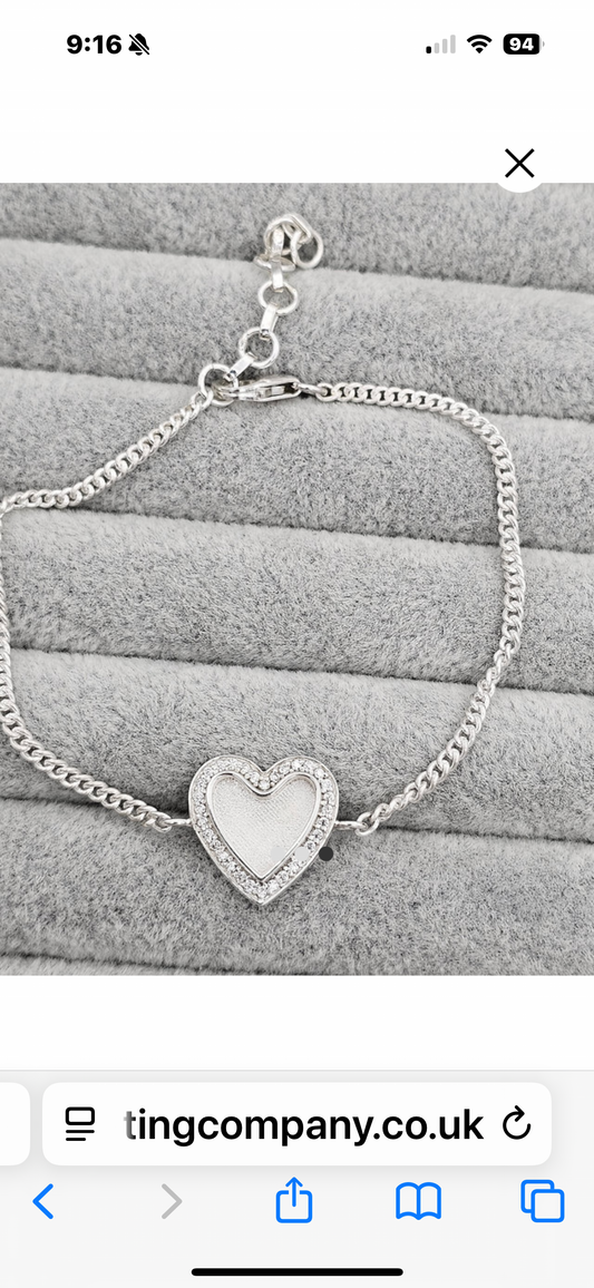 Heart cz 925 silver adjustable curb chain bracelet